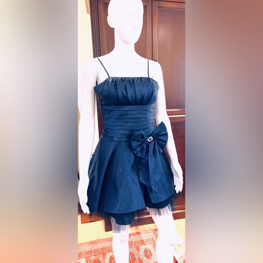 Shiny royal blue mini prom party dress spagetthi strap drapes toul big bow US XS